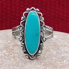 Vintage Sterling Silver Turquoise Ring Oblong Oval Size 5.25