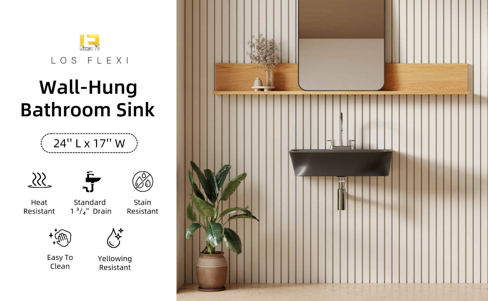 24" Matte Black Wall Mount Bathroom Sink 4" Centerset with Overflow & 3 Holes