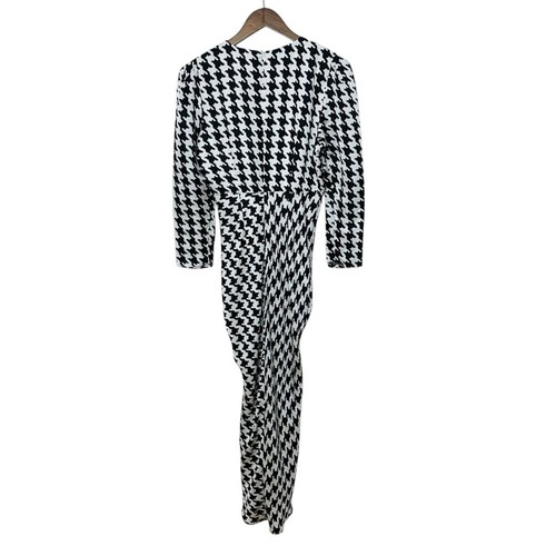 RIXO Ziggy Houndstooth Midi Dress Women’s Small Black White Satin V-Neck Slit - Picture 10 of 14