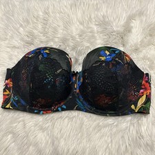 Cacique 44DDD Bra Floral Boost Strapless Underwire Stretch Lace Trim Back Close