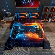 Kids Boys Blue Red Gamer Comforter Set Full Size, Honeycomb Gaming Comforter ...