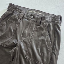 American Eagle Stretch High-Waisted Vegan Leather Straight Cargo Pant Brown Sz 2