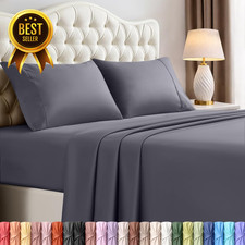 Queen Size Sheet Set 4 Piece Microfiber Bed Sheets Soft Breathable Grey