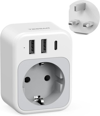TESSAN Adapter England Deutschland Stecker, UK mit 1 USB-C und 2 USB A, Reise