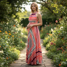 Eliza J Scarf Print Crepe De Chine Maxi Dress Size 2 Petite Sleeveless Tie Neck