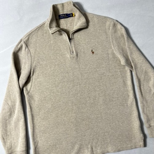 Polo Ralph Lauren Cuarto Cremallera Hombres Mediano Beige Algodón Francés Costilla Suéter