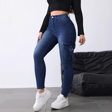 Jeans Stretch Femme Délayés Denim Pantalon Trousers Slim Bleu Rétro