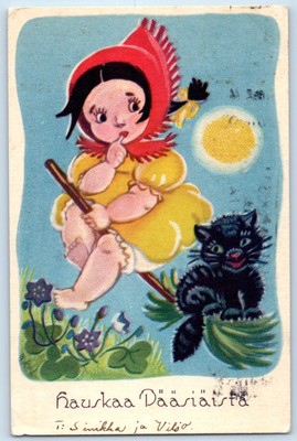 c1910's Easter Halloween Girl Witch Black Cat Posted Antique Postcard
