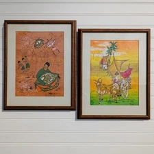Asian Batik Painting Framed Ox Cart Kite Flying Silk Art Signed MCM Vintage Pair