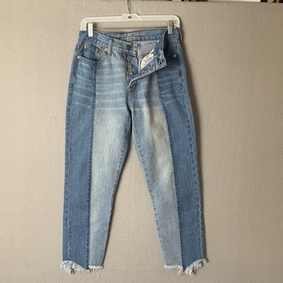 American Eagle Jeans Women 4 Hi Rise Vintage Blue 2 Tone Button Fly Raw Hem Y2K