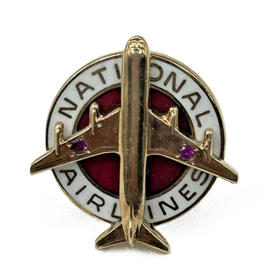 VINTAGE NATIONAL AIRLINES 10KT GOLD ENAMEL LAPEL PIN FOR SERVICE- WITH 2 Rubies