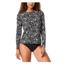 Lands' End Womens Sun Swim Shirt Black White Floral Rash Guard UPF 50