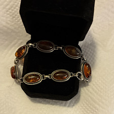 925 Sterling Silver Brown Amber Oval Bezel Se...
