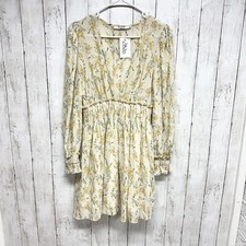 NA-KD Dress Women Sz 36 Cream Floral V-Neck Overlap Balloon Sleeve Smocked Mini