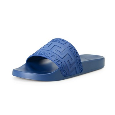 Versace Men's Navy Blue ''Greca'' Print Embossed Pool Slide Flip Flops Shoes