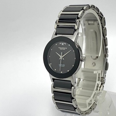 Technos Swiss Ceramic Quartz Watch Black Sapphire Glass Used