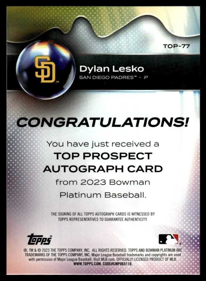 2023 Bowman Platinum Top Prospects Autographs Dylan Lesko Auto San Diego Padres - Image 2 of 2