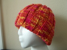Hand knitted bulky warm 100 wool beanie/hat, yellow/hot pink/orange