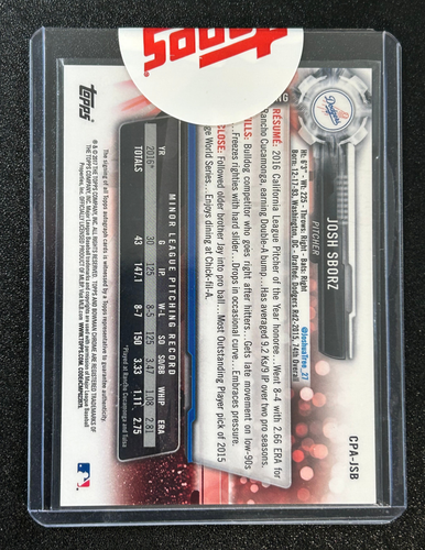 2017 Bowman Chrome Josh Sborz Autograph - Los Angeles Dodgers - Picture 2 of 2