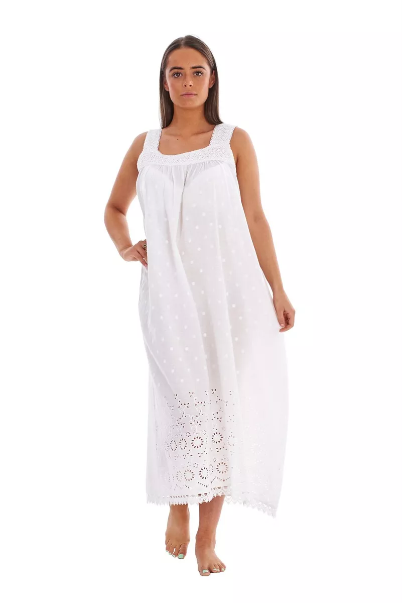 Women Nightdress 100%Cotton Victorian Designer White Sleeveless Lace  Embroidered