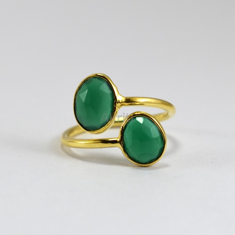 Good Health Double Green Onyx 925 Sterling Silver Ring Gold Plated Handmade - Product main view