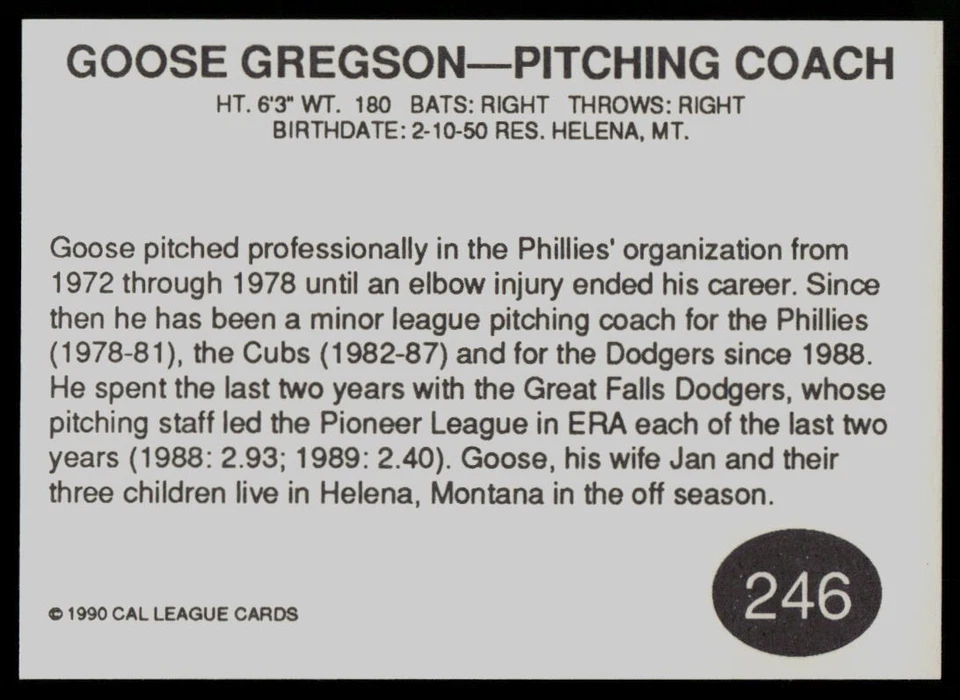 1990 Cal League Goose Gregson Bakersfield Dodgers - Image 2 of 2