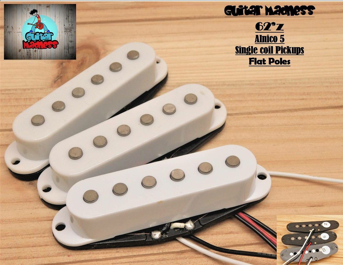 G.M. 62'z Alnico 5 Single Coil Pickup Set FLAT POLES (White) For
