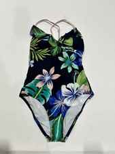 Women's Shirred Ruffle One Piece Swimsuit - Navy Blue Tropical Print L