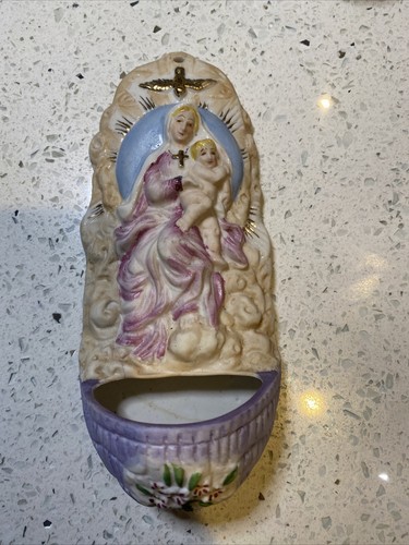 Vintage Holy Water Font Wall Hanging Mary Madonna Baby Jesus A Japan 4982