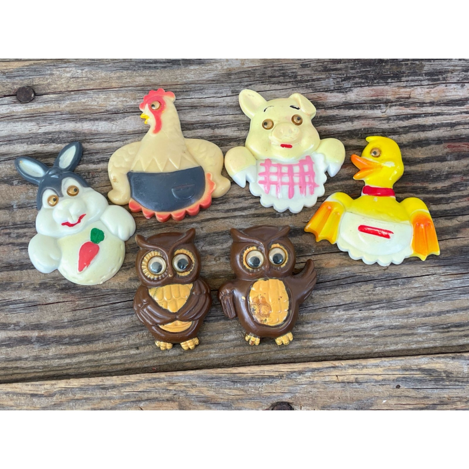 Vintage 1970s lot Of Googly Eye Fridge Owl, Pig Duck Chicken