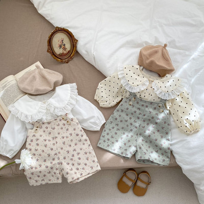 Baby Girl Baby Suspenders Five-point Pants + Lapel Shirt Two-piece Set