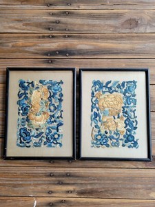 2 VTG Embroidered Blue Cream Floral Flowers Butterfly Abstract Frame Glass 8x11