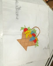 Vintage tri chem, liquid embroidery, white tablecloth, Square fruit basket flowe