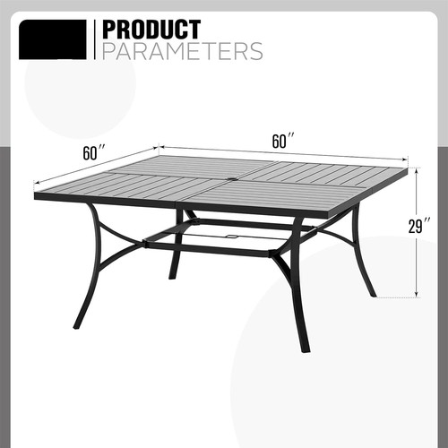 Patio Dining Table for 8 Person Outdoor Table with Umbrella Hole Square Black - Picture 3 of 8