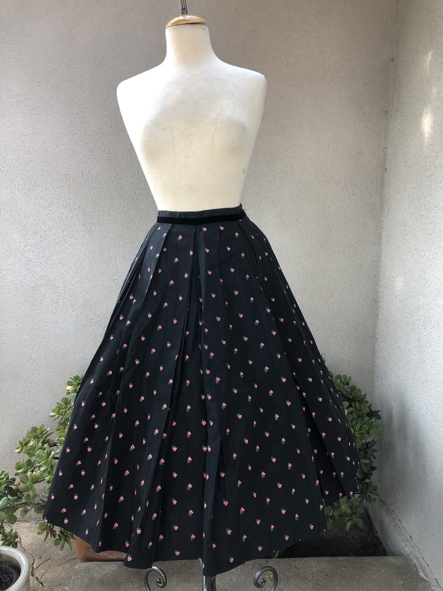 Vintage Skirt Alex Colman 1950s Full Black Taffeta Pink Flower Sz Small