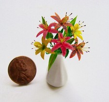Dollhouse Miniature LILIES IN WHITE VASE 1:12 Yellow, Pink ,Tiger Artisan signed