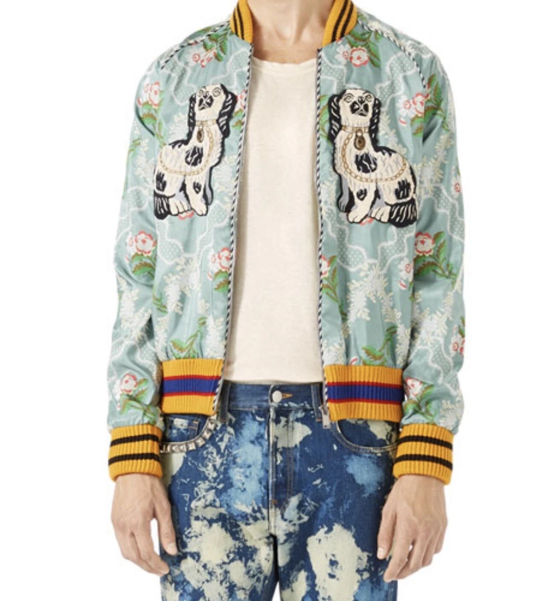 Gucci mens floral jacquard spaniel dog Silk bomber jacket XS/44