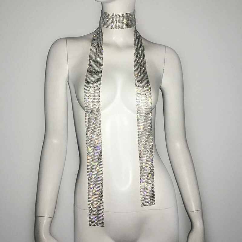 Metal Rhinestone Neck Tie Scarf Neckerchief Long Skinny Glitter Shiny Party - Image 2 of 4