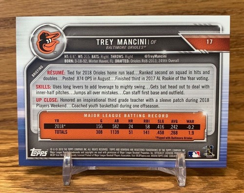 TREY MANCINI Rookie Card 2017 Topps Update Series | ORIOLES Flagship RC #US227 - Picture 2 of 2