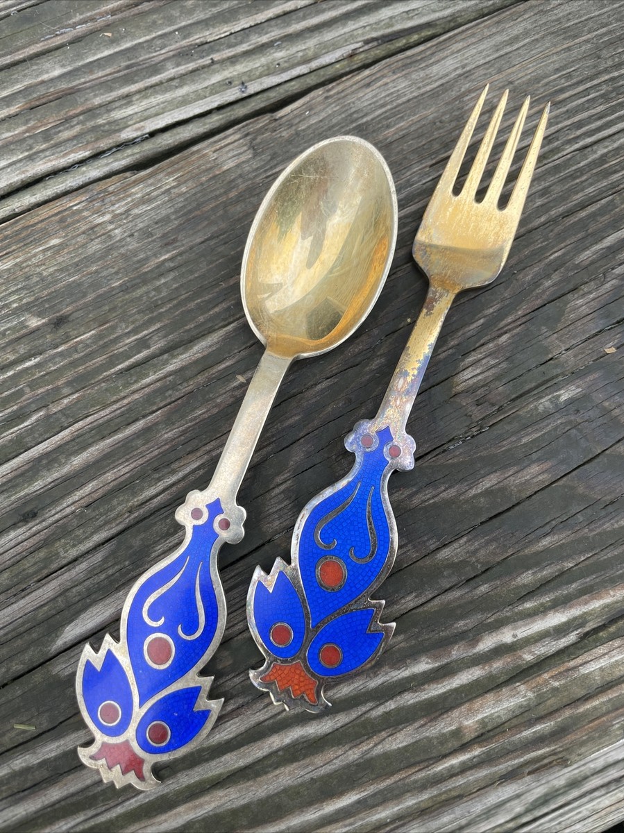 デンマーク A. Michelsen シルバー925 スプーン フォーク A MICHELSEN DANISH STERLING & ENAMEL SPOON & Fork Set