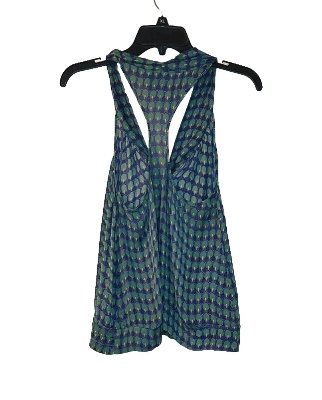 Madison Marcus Silk Blouse Size XS Sleeveless Tie at Neck Green Blue Print Foto 2 de 2