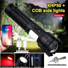 20W XHP50 LED Flashlight Torch Zoom Super Bright COB Work Light USB Rechargeable