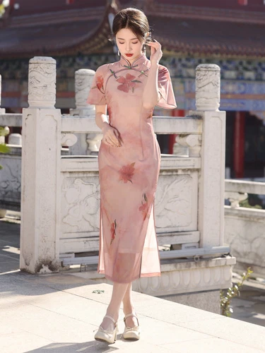 Traditional Ladies Chinese Floral Qipao Cheongsam Elegant Dress In Dusty Pink - Picture 5 of 6