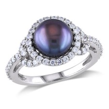 Amour Sterling Silver Cultured Black Pearl and Cubic Zirconia Ring