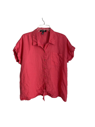 Ellen Tracy Pink 100% Linen Short Sleeve Tie Front Blouse Beach Size Large