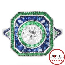 Estate Diamond Emerald Sapphire 18K Gold Double Halo Statement Ring NR