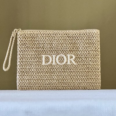 DIOR SUMMER RAFFIA EMBROIDERED WRIST CLUTCH ZIP POUCH LIMITED EDITION NEW IN BOX
