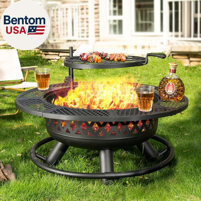 36 Inch Fire Pit with Grill,Wood Burning Fire Pits for outside with Lid& Fire Po