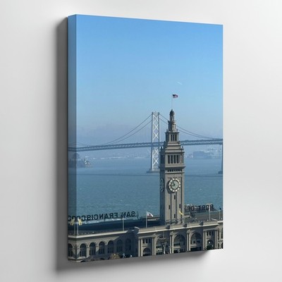 San Francisco Ferry Building Clock Tower With Bay Bridge Canvas Wall Art Print