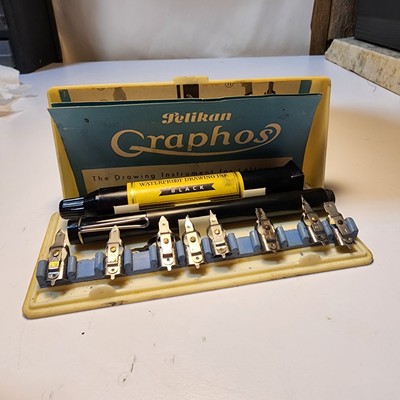 Vintage PELIKAN GRAPHOS DRAWING SET 14 Nibs & Pen in Case & Box GERMANY MADE
